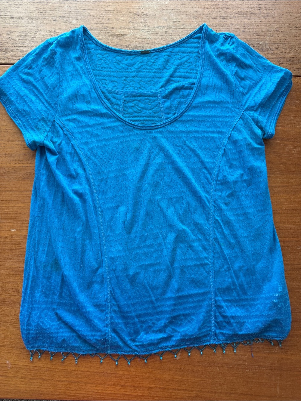 Free People Women’s Scoop Neck Short Sleeve Top in Bright Blue with Beaded Hem